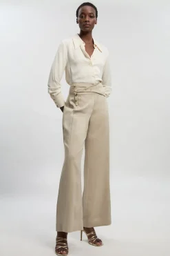 Pantalon Petite en Lin Ajusté à Jambes Larges avec Boutonnage Devant