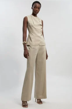 Pantalon Petite en Lin Ajusté à Jambes Larges avec Boutonnage Devant