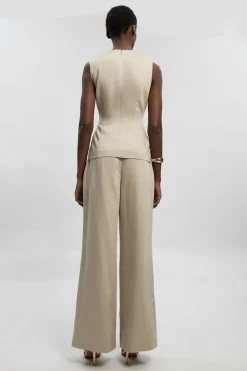 Pantalon Petite en Lin Ajusté à Jambes Larges avec Boutonnage Devant