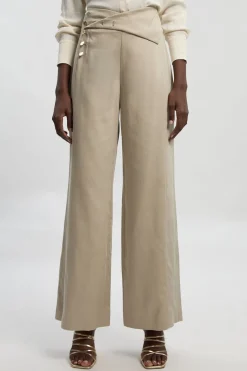 Pantalon Petite en Lin Ajusté à Jambes Larges avec Boutonnage Devant
