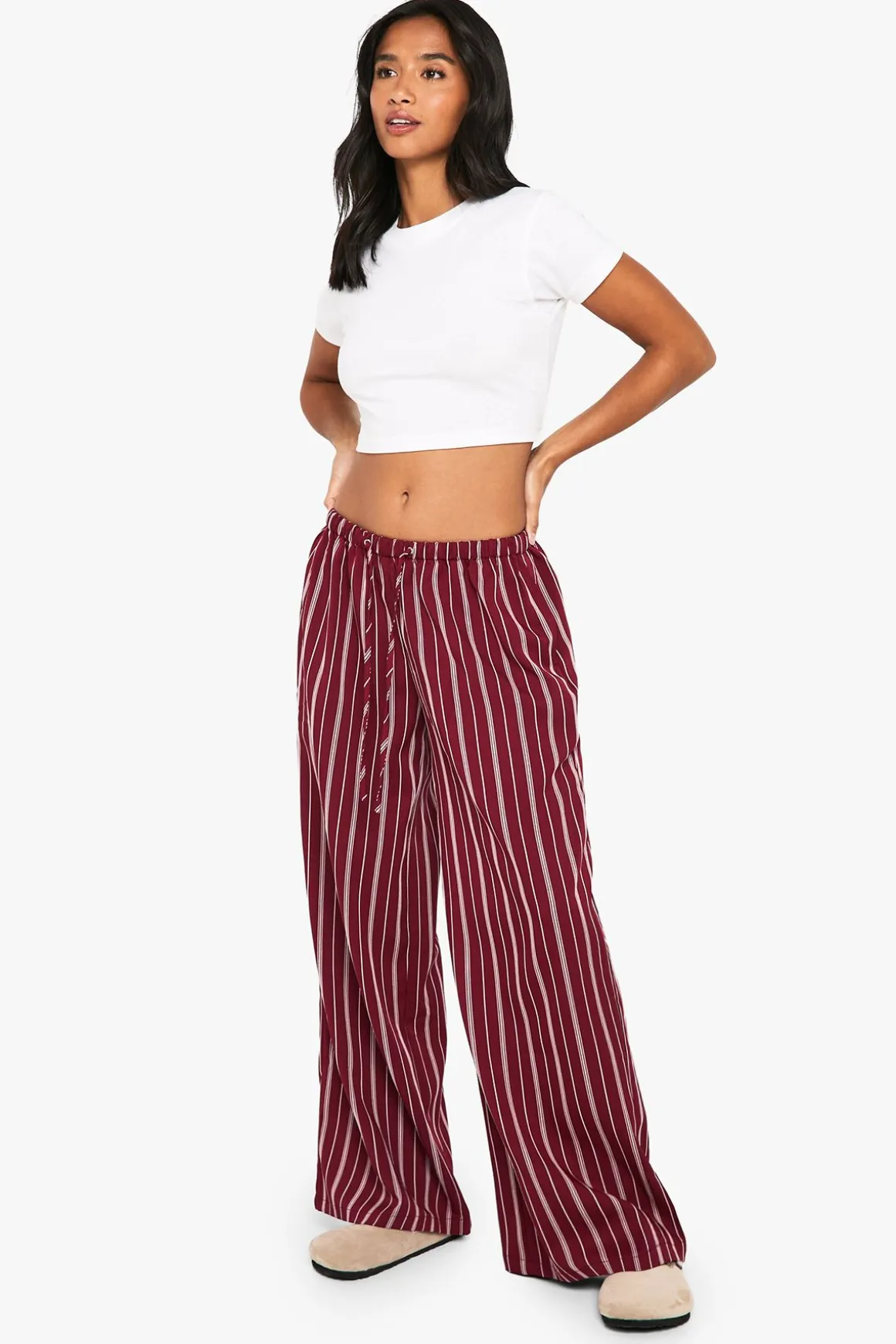 Pantalon Petite à fines rayures, à jambes larges et à taille à cordon