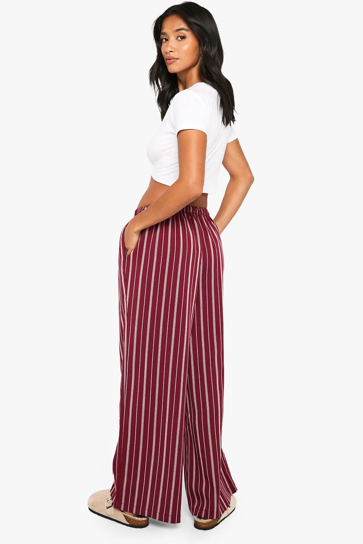 Pantalon Petite à fines rayures, à jambes larges et à taille à cordon