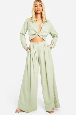 Pantalon plissé à effet lin, taille basse, jambes extrêmement larges