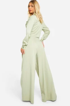 Pantalon plissé à effet lin, taille basse, jambes extrêmement larges