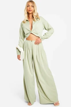 Pantalon plissé à effet lin, taille basse, jambes extrêmement larges