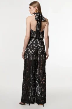 KarenMillen Pantalon pour femmes grandes en georgette transparente à découpes, tissé, à jambes larges<Femme Pantalons