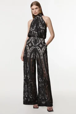 KarenMillen Pantalon pour femmes grandes en georgette transparente à découpes, tissé, à jambes larges<Femme Pantalons