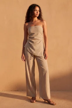 Pantalon Rayé Aspect Lin Avec Cordon De Serrage