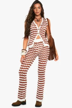 boohoo Pantalon à rayures en crochet tricoté à jambes larges<Femme Pantalons|Pulls Et Gilets