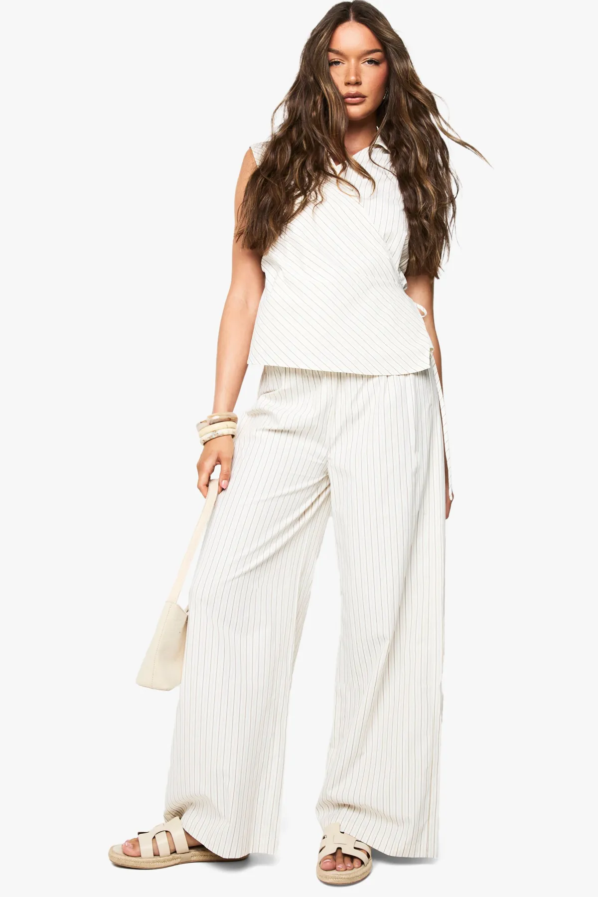 boohoo Pantalon à rayures, taille à cordon et jambes larges<Femme Pantalons