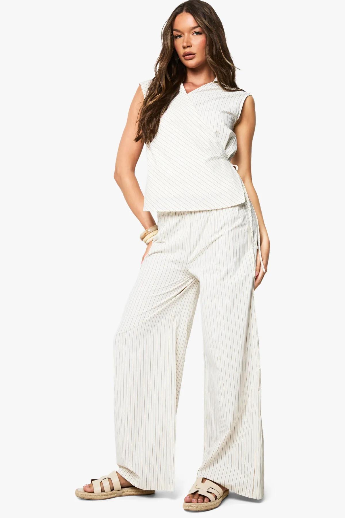 boohoo Pantalon à rayures, taille à cordon et jambes larges<Femme Pantalons