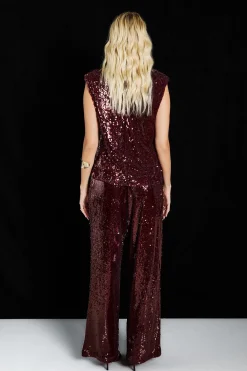 boohoo Pantalon à sequins taille basse avec ceinture à cordon de serrage<Femme Pantalons|Looks Bordeaux