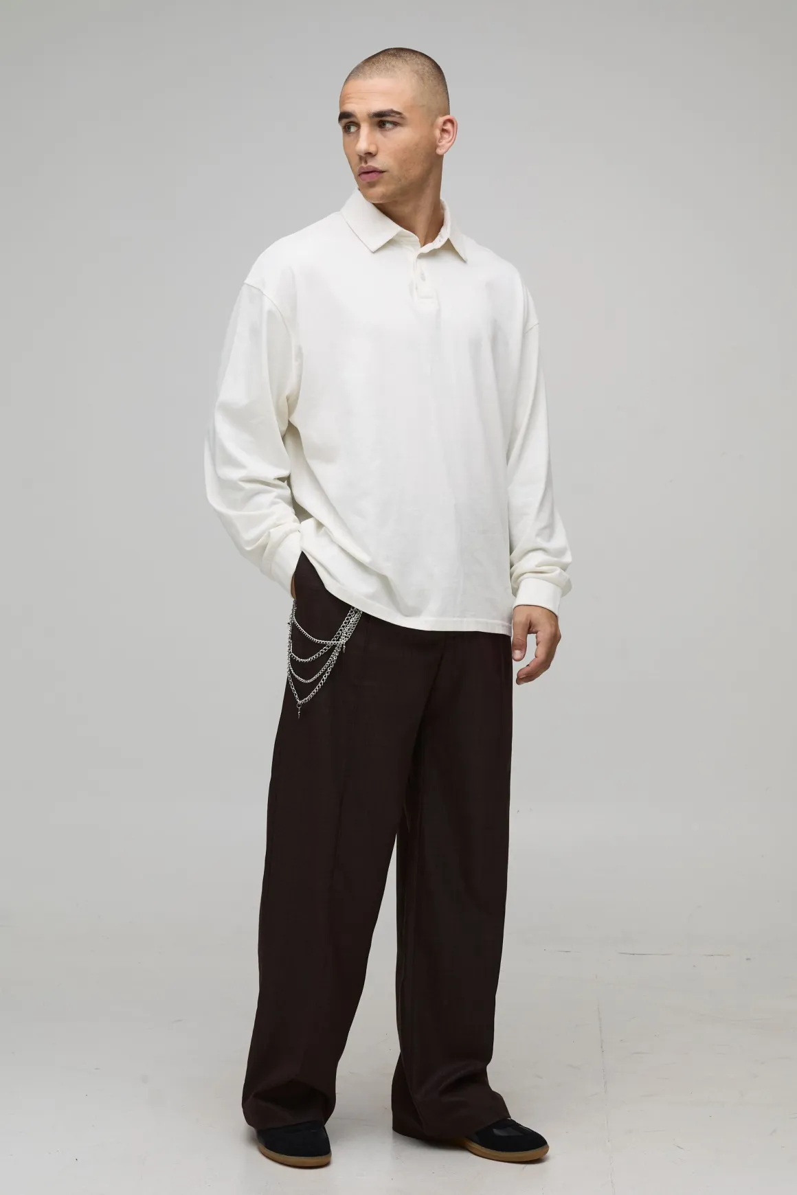 Pantalon Smart Baggy à Carreaux avec Plis Piqués et Chaîne