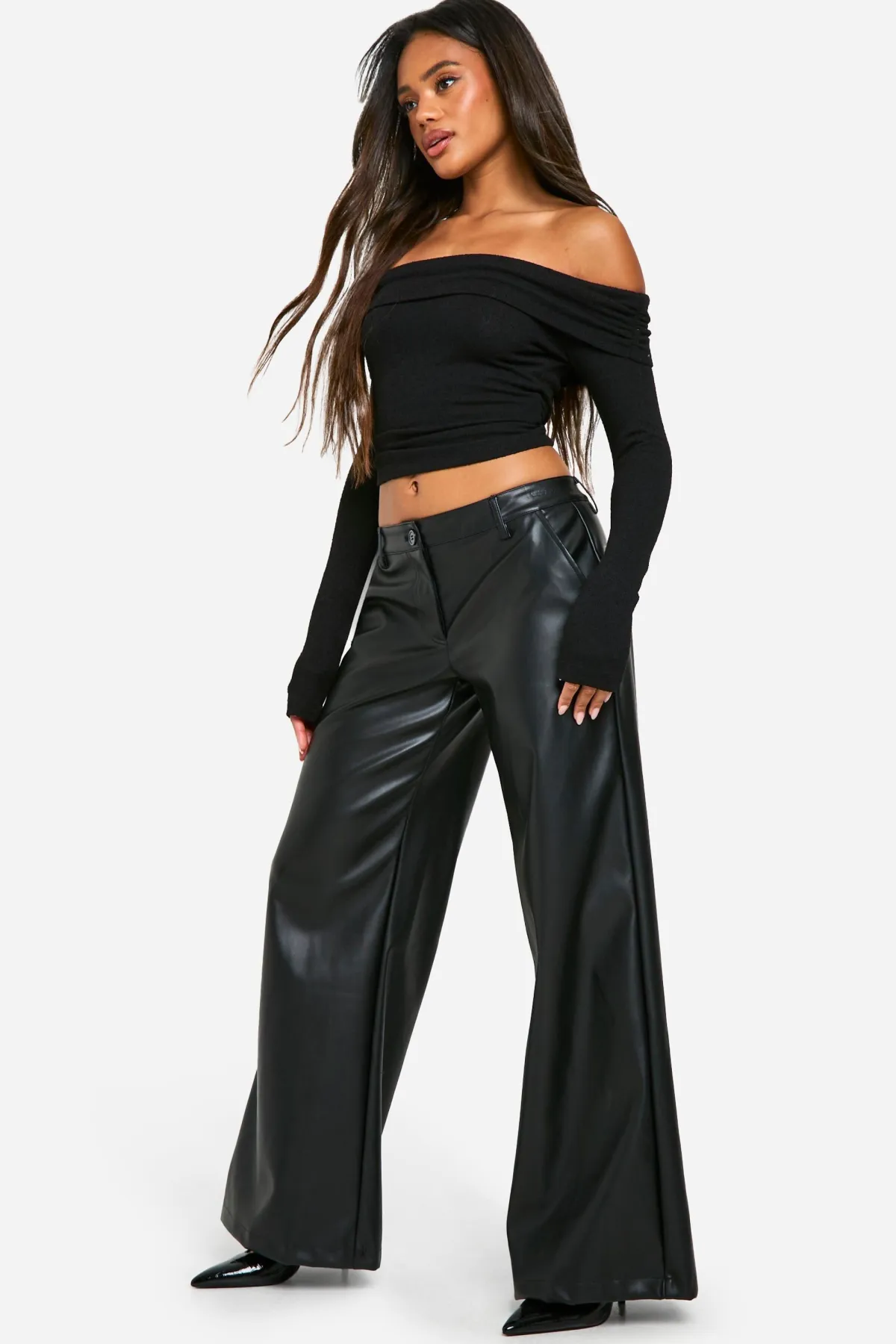 boohoo Pantalon synthétique taille basse à jambes larges<Femme Pantalons