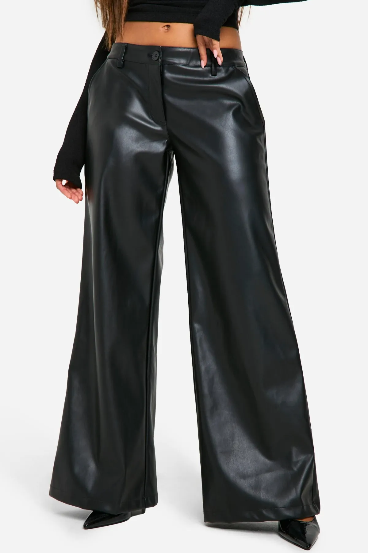 boohoo Pantalon synthétique taille basse à jambes larges<Femme Pantalons