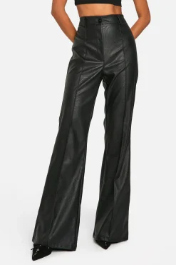 Pantalon synthétique taille haute à couture frontale et jambes évasées