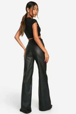 Pantalon synthétique taille haute à couture frontale et jambes évasées