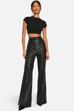 Pantalon synthétique taille haute à couture frontale et jambes évasées