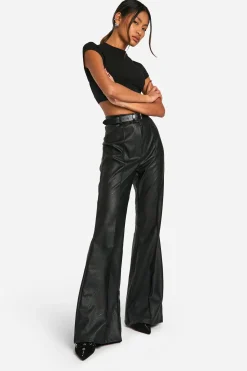 Pantalon synthétique taille haute à couture frontale et jambes évasées
