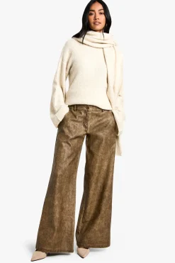 Pantalon à taille basse en synthétique lavé à jambes larges