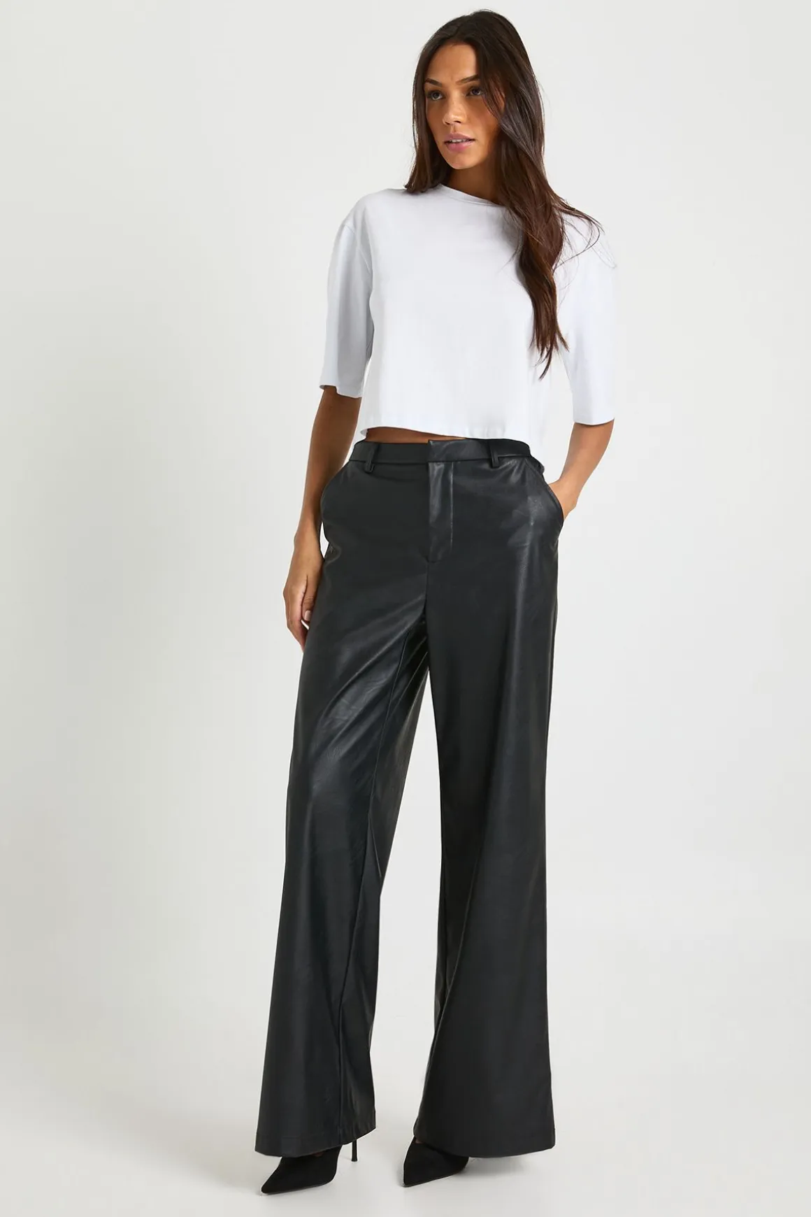 Pantalon Taille Haute En Synthétiquecuir À Jambes Larges