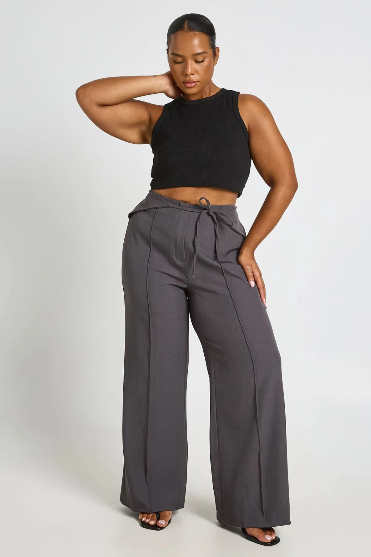 boohoo Pantalon Taille Haute Grande Taille Avec Ceinture À Nouer<Femme Pantalons