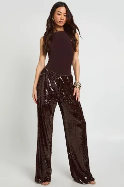 boohoo Pantalon Taille Haute à Paillettes avec Cordon de Serrage à la Taille Basse<Femme Pantalons|Looks Chocolat