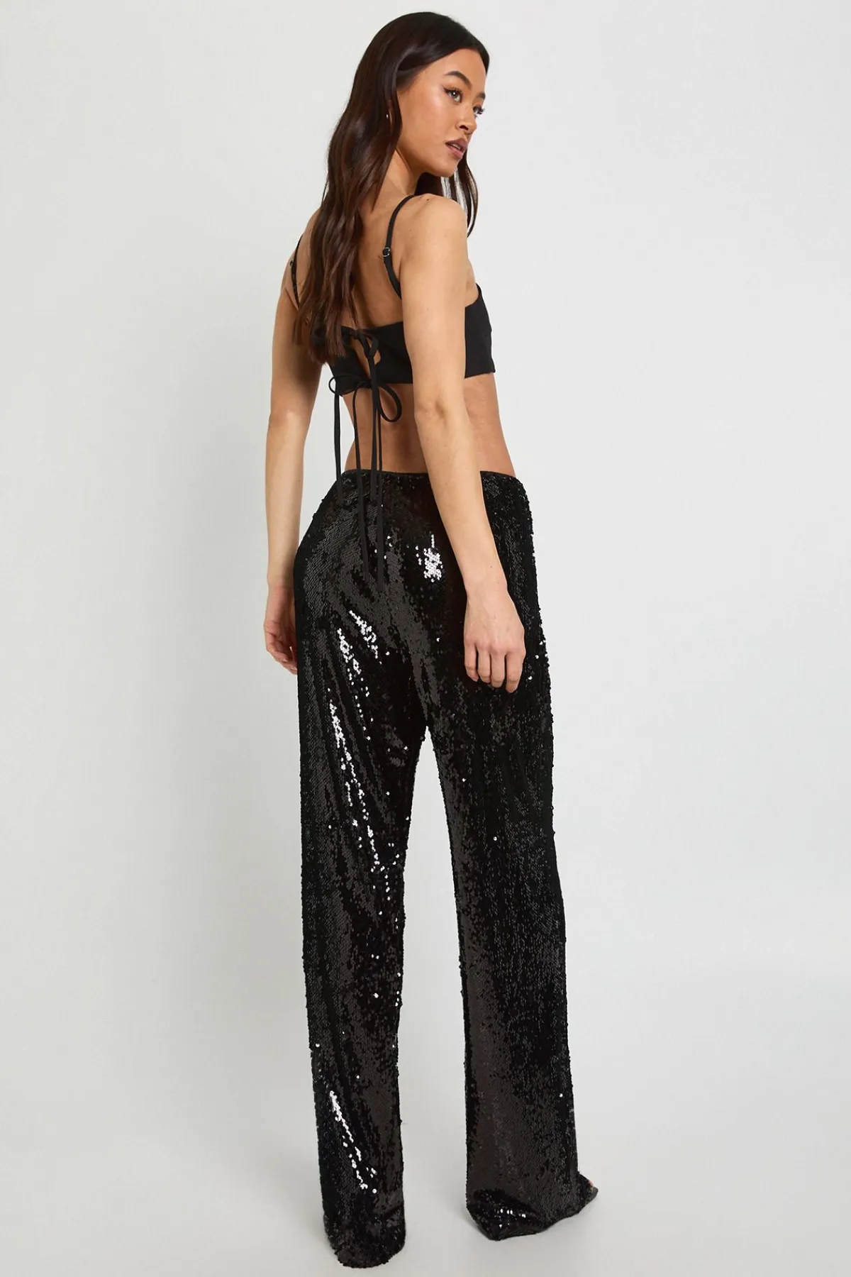 boohoo Pantalon Taille Haute à Paillettes avec Cordon de Serrage - Coupe Tall<Femme Pantalons