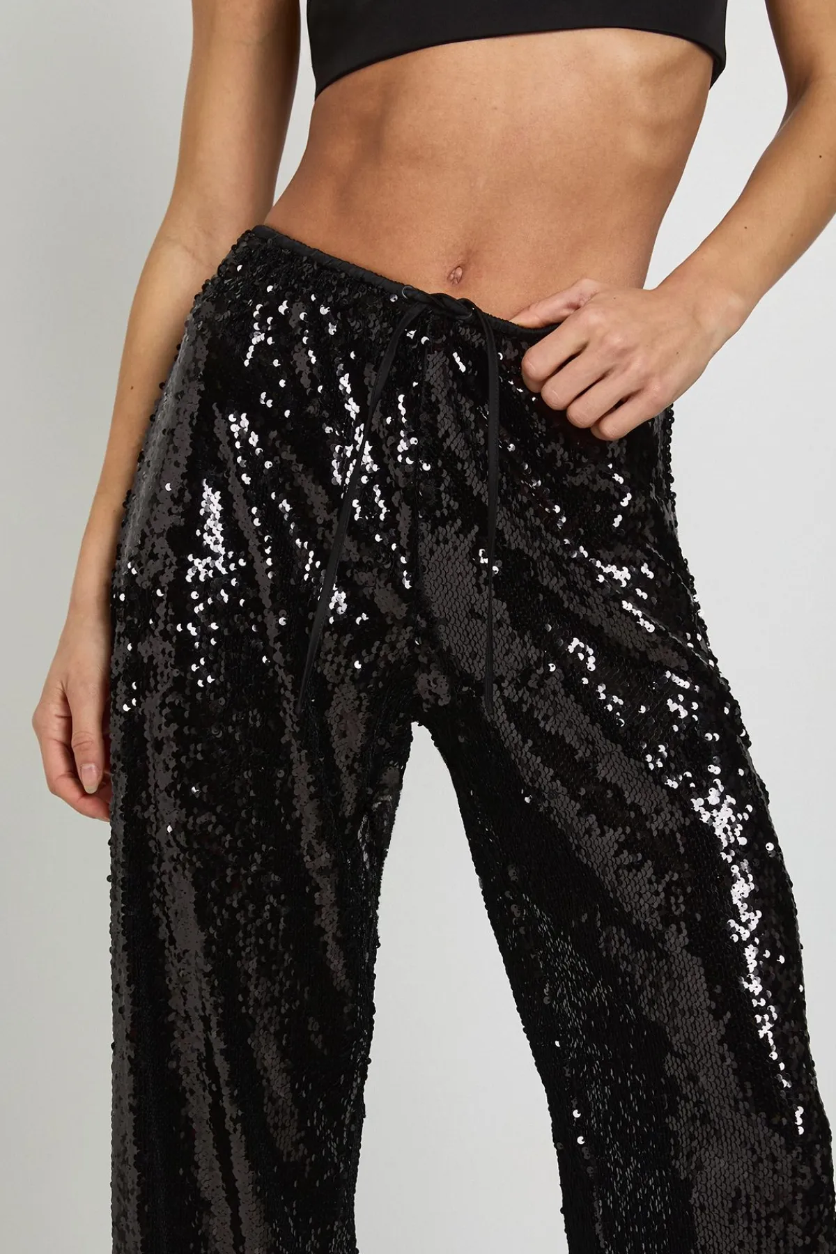 boohoo Pantalon Taille Haute à Paillettes avec Cordon de Serrage - Coupe Tall<Femme Pantalons