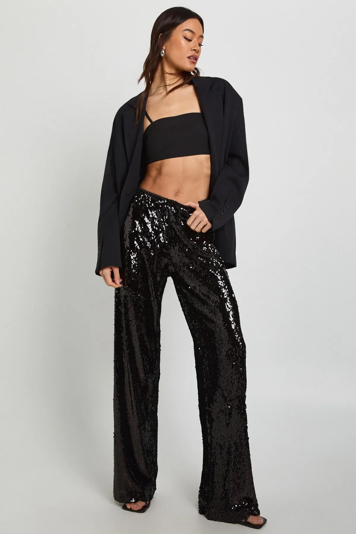 boohoo Pantalon Taille Haute à Paillettes avec Cordon de Serrage - Coupe Tall<Femme Pantalons