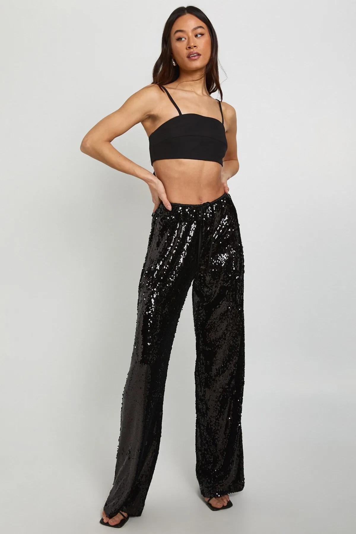 boohoo Pantalon Taille Haute à Paillettes avec Cordon de Serrage - Coupe Tall<Femme Pantalons