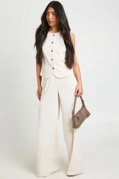 Pantalon Taille Haute Plissé À Jambes Larges Coupe Ajustée