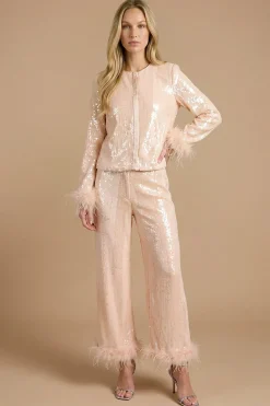 Pantalon Taille Haute À Sequins Et Bordure De Plumes Hen