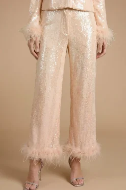 Pantalon Taille Haute À Sequins Et Bordure De Plumes Hen