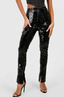 Pantalon à taille mi-haute à paillettes avec ourlet fendu
