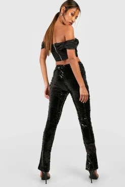 Pantalon à taille mi-haute à paillettes avec ourlet fendu