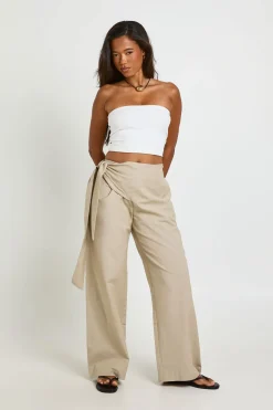 Pantalon À Taille Nouée Aspect Lin