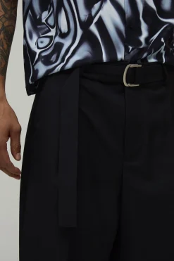 Pantalon Tailleur Coupe Large À Plis Devant Avec Ceinture