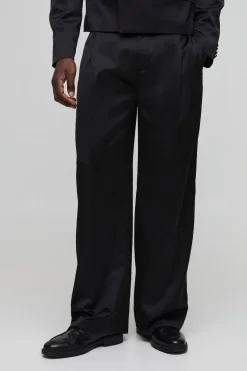 Pantalon tailleur en satin à jambe large avec pli à l'avant