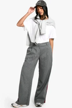 Pantalon Tailleur à Jambe Large, Rayures Fines et Détail en Bande Latérale