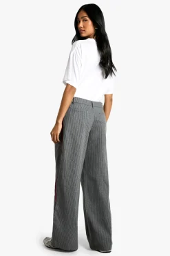 Pantalon Tailleur à Jambe Large, Rayures Fines et Détail en Bande Latérale