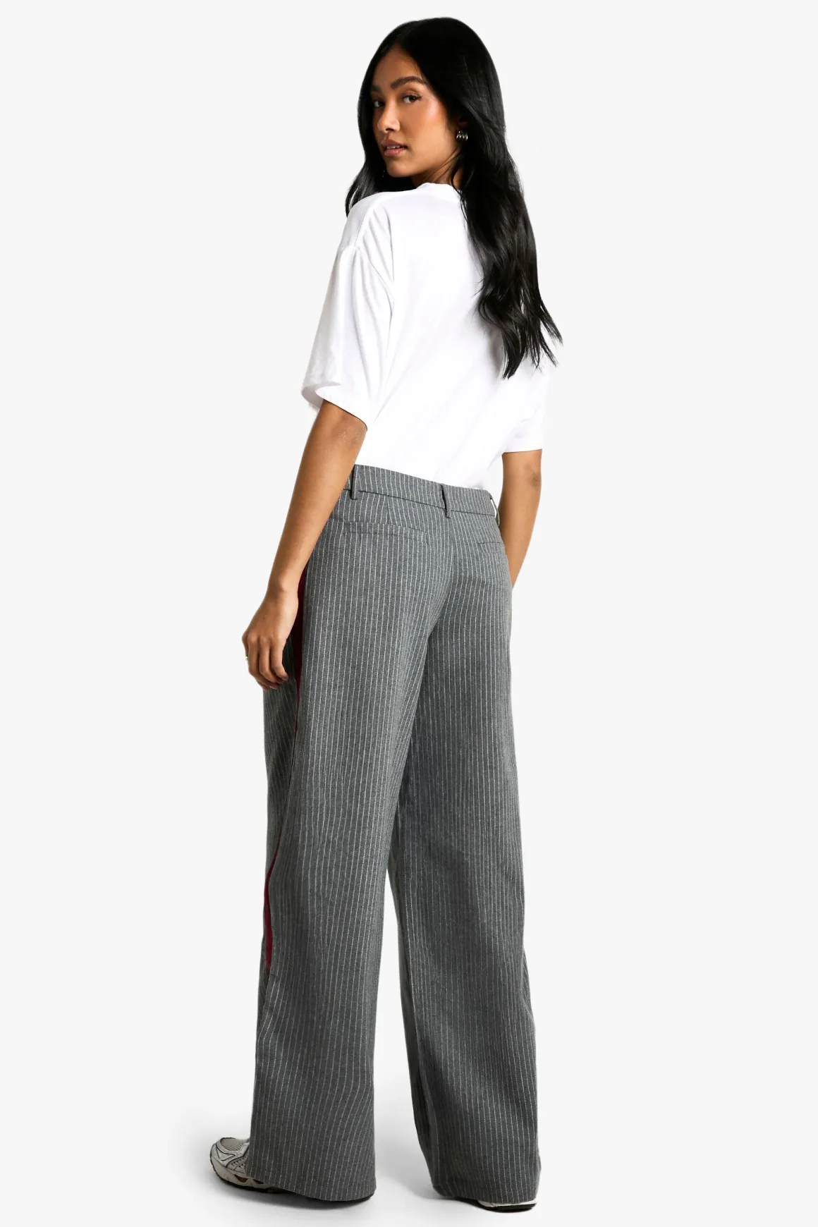 Pantalon Tailleur à Jambe Large, Rayures Fines et Détail en Bande Latérale