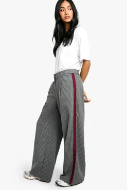 Pantalon Tailleur à Jambe Large, Rayures Fines et Détail en Bande Latérale