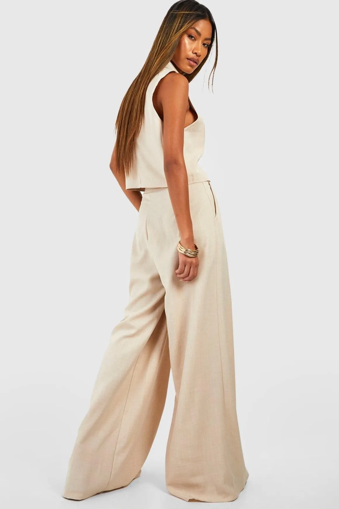 Pantalon tailleur à jambe large avec pli avant effet lin