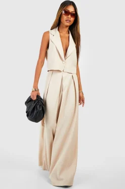 Pantalon tailleur à jambe large avec pli avant effet lin
