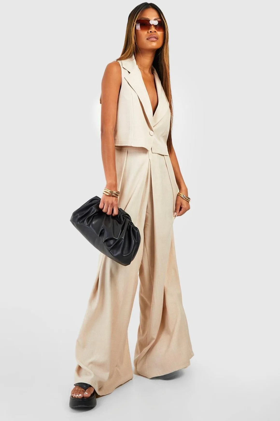 Pantalon tailleur à jambe large avec pli avant effet lin