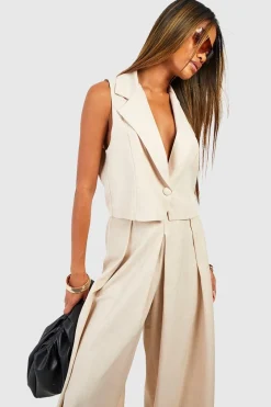 Pantalon tailleur à jambe large avec pli avant effet lin
