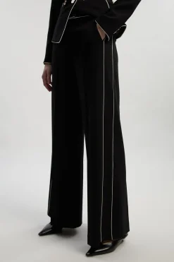 Pantalon Tailleur Jambe Large à Stretch Compact avec Liserés Contrastants