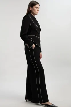 Pantalon Tailleur Jambe Large à Stretch Compact avec Liserés Contrastants