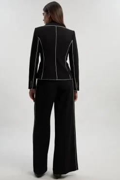 Pantalon Tailleur Jambe Large à Stretch Compact avec Liserés Contrastants